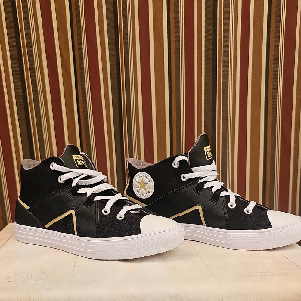 Converse Black and White Mid-Top Sneakers with Gold Details